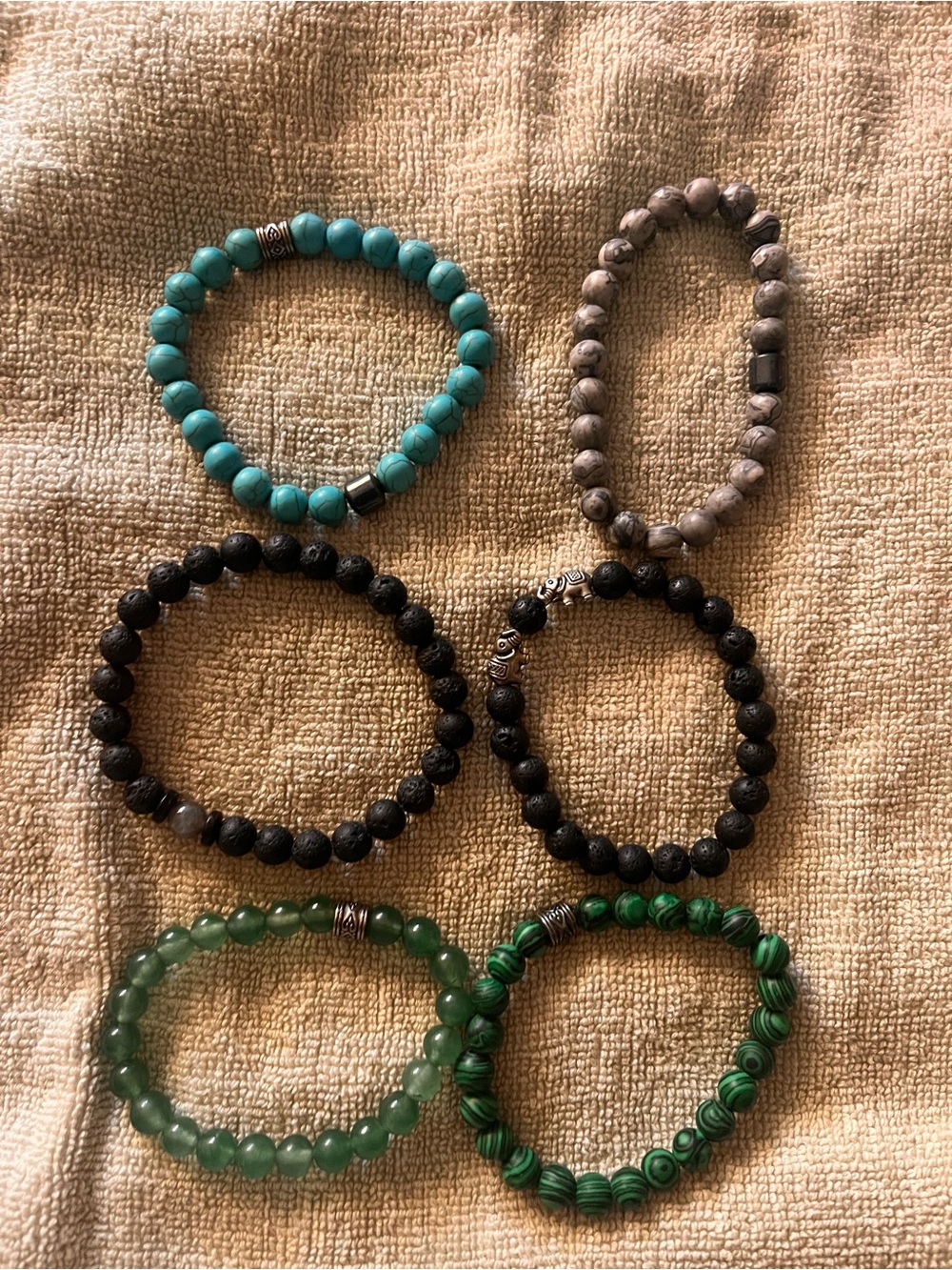 Mixed Stone Beaded Bracelet Set - Green, Turquoise, Black, Gray